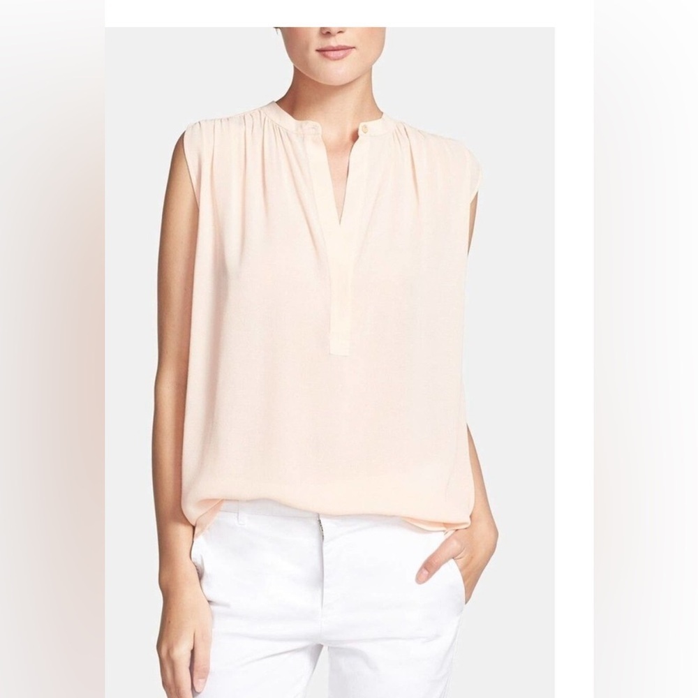 Vince Sleeveless Shirred Shoulder Crepe Top Tunic Shirt Peach 10
